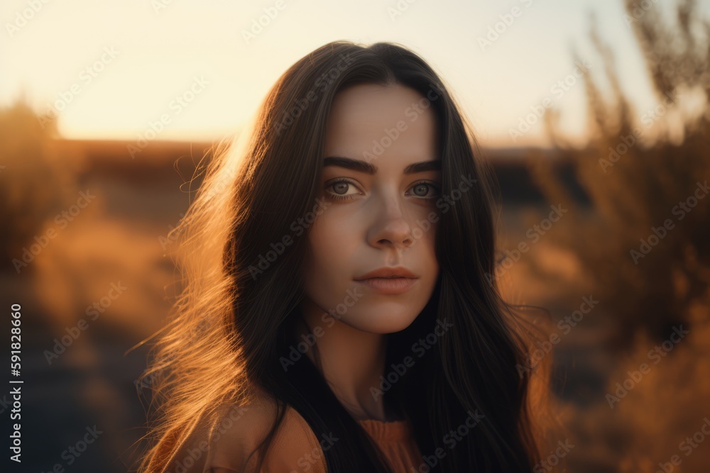 Portrait of beautiful caucasian woman in field in summer, created using generative ai technology
