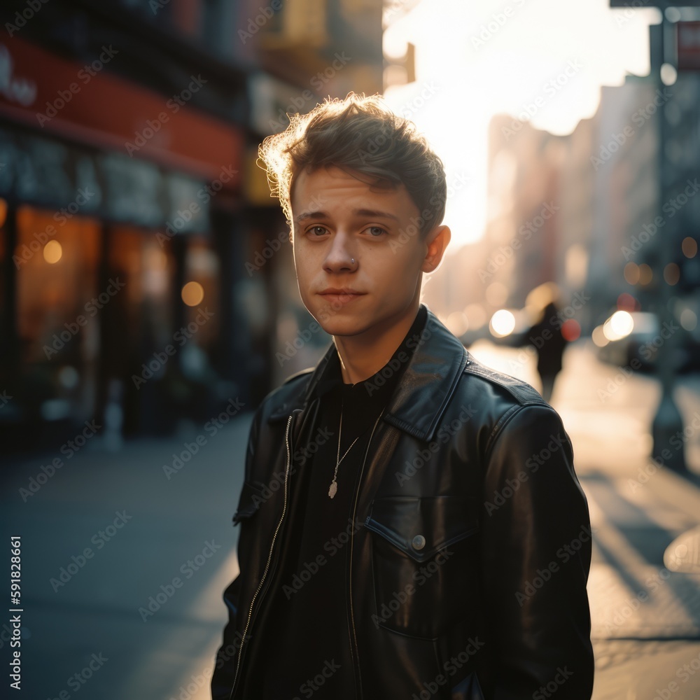 Fototapeta premium Portrait of young caucasian man in jacket in city street, created using generative ai technology