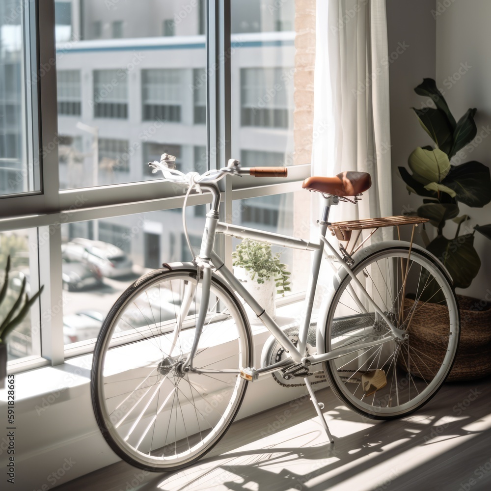 White bike by window in room, created using generative ai technology White bike by window in room, created using generative ai technology