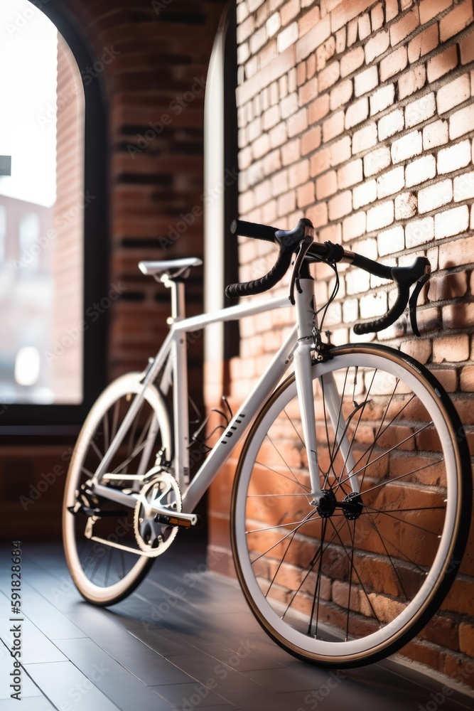 White bike leaning against building brick wall indoors, created using generative ai technology White bike leaning against building brick wall indoors, created using generative ai technology
