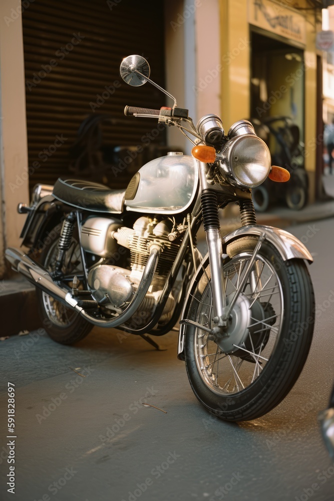 Silver motorbike in city street, created using generative ai technology Silver motorbike in city street, created using generative ai technology
