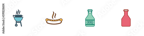 Set Barbecue grilled shish kebab, Hotdog sandwich, Ketchup bottle and icon. Vector