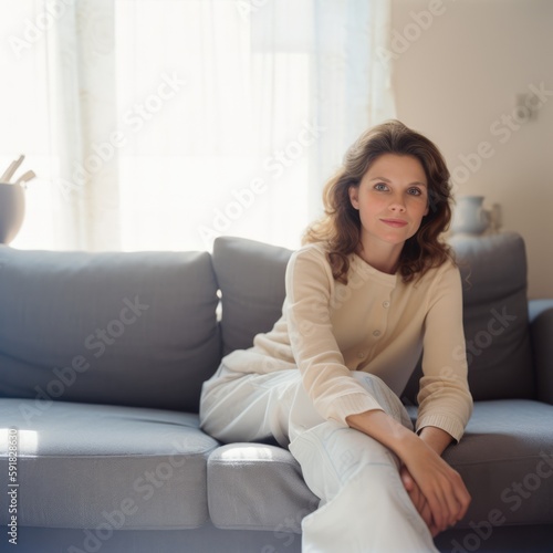 Portrait of caucasian woman with brown hair on sofa  created using generative ai technology