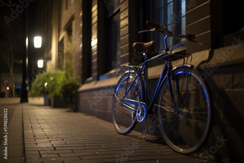 Blue bike leaning against building wall in city street, created using generative ai technology