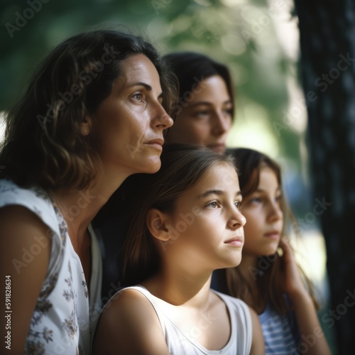 Portrait of caucasian mother and young daughters in summer, created using generative ai technology