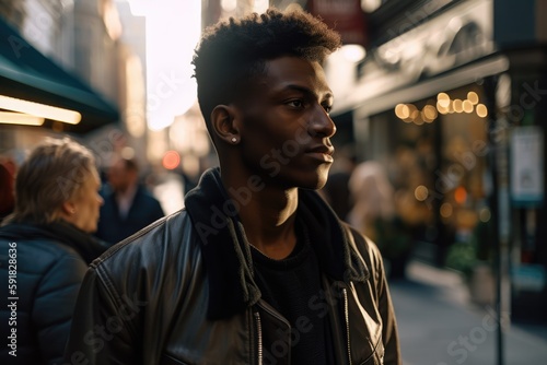 Portrait of young african american man in city street, created using generative ai technology