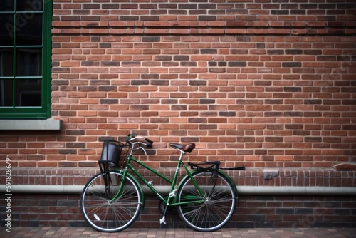 Green bike leaning against building wall in city street, created using generative ai technology