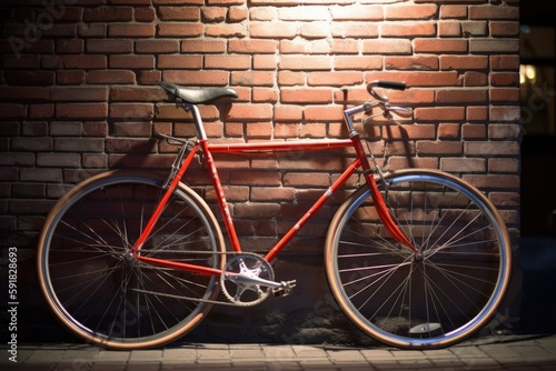 Red bike leaning against building brick wall in city street  created using generative ai technology
