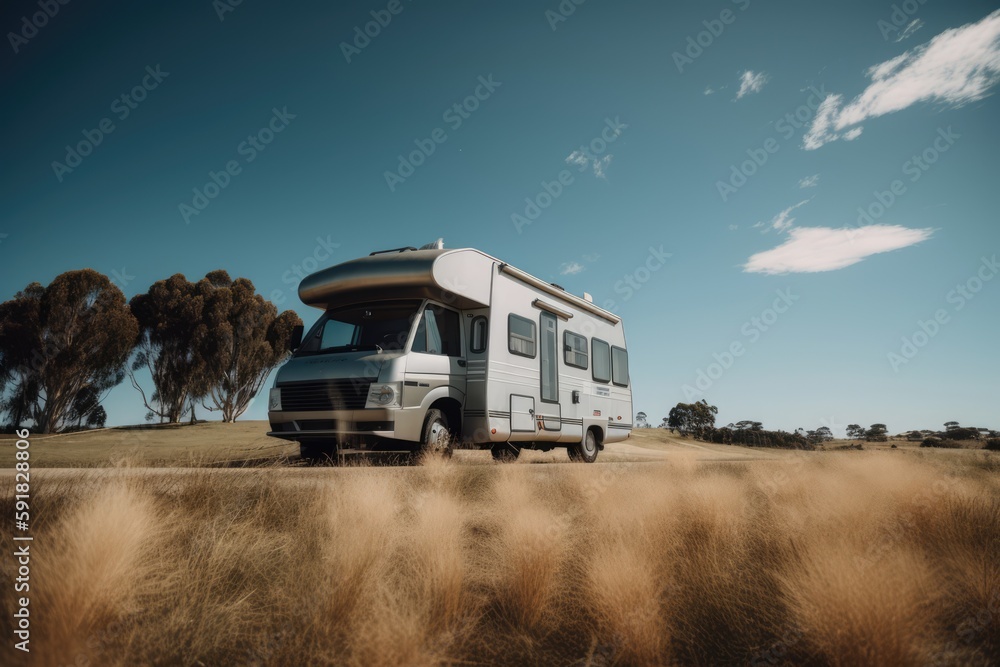 White camper van with trees and sky in the background created using generative ai technology