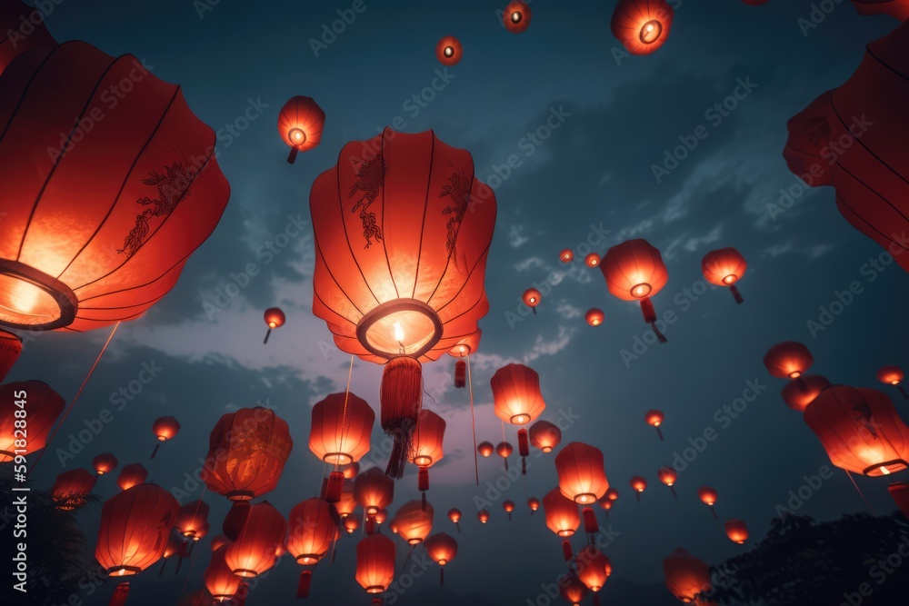 Multiple lighted chinese lanterns over sky