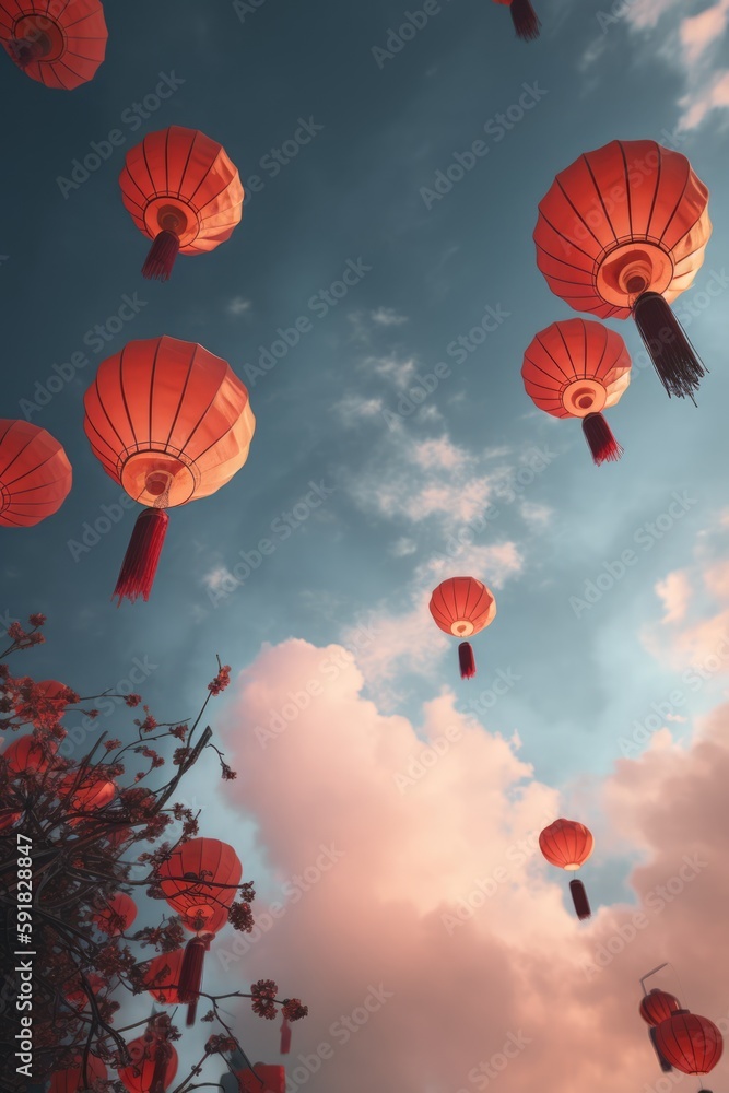 Fototapeta premium Multiple lighted chinese lanterns over tree and sky created using generative ai technology