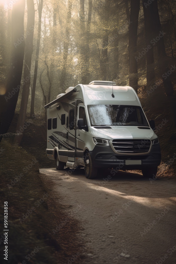 White camper van with sunlight and trees in forest created using generative ai technology White camper van with sunlight and trees in forest created using generative ai technology