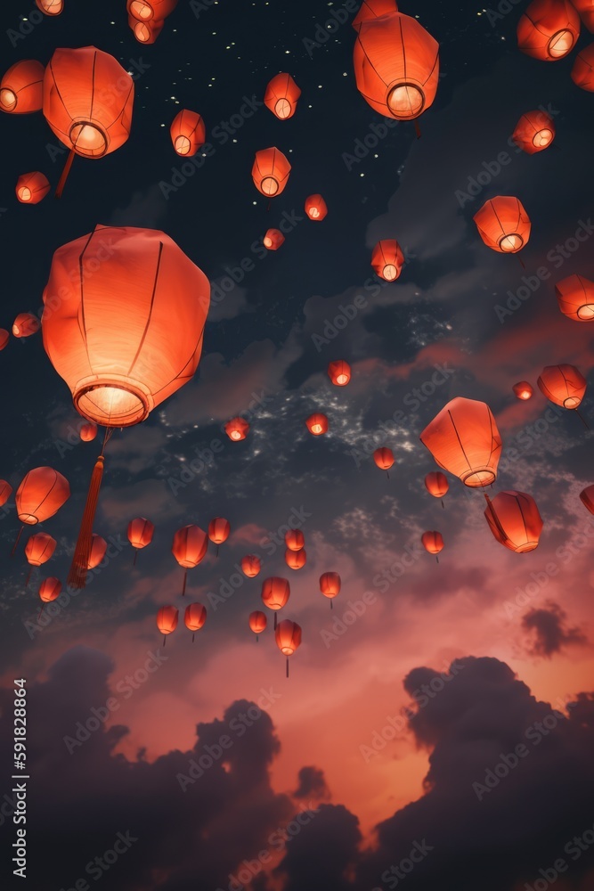 Multiple lighted chinese lanterns over sky with clouds created using generative ai technology