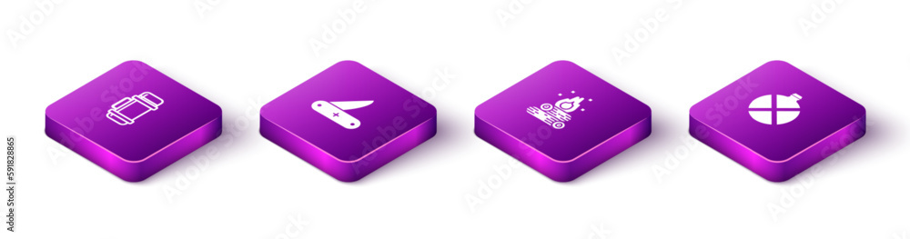 Set Isometric Thermos container, Swiss army knife, Campfire and Canteen water bottle icon. Vector Set Isometric Thermos container, Swiss army knife, Campfire and Canteen water bottle icon. Vector