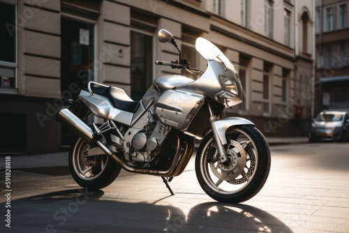 Silver motorbike in city street, created using generative ai technology