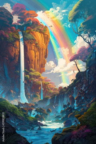 Fantasy landscape with rainbow, waterfalls and mountains created using generative ai technology © Future Vision