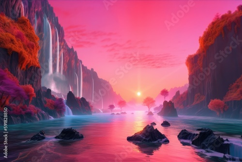 Fantasy landscape with waterfalls, river, sun and mountains created using generative ai technology