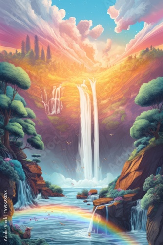 Fantasy landscape with rainbow, waterfalls and trees created using generative ai technology © Future Vision