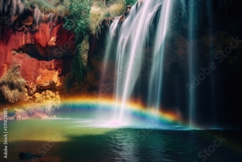 Fantasy landscape with rainbow and waterfalls in forest created using generative ai technology