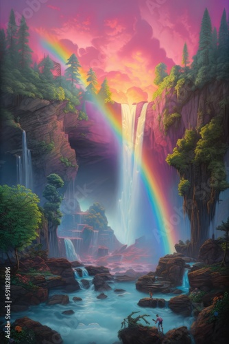 Fantasy landscape with rainbow and waterfalls in forest created using generative ai technology