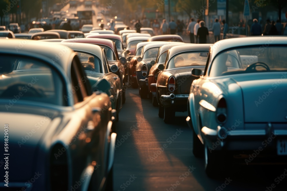 Busy street in city with traffic jam and people walking, created using generative ai technology