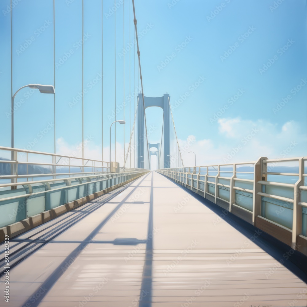 Bridge with lamps crossing river over clouds and blue sky, created using generative ai technology
