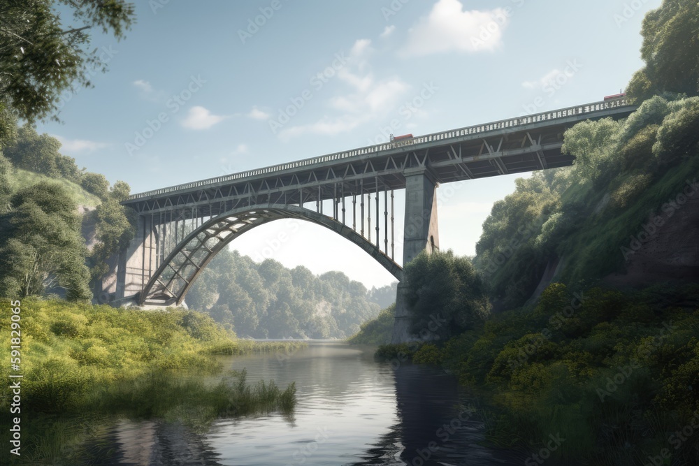 Bridge crossing river in forest over blue sky, created using generative ai technology