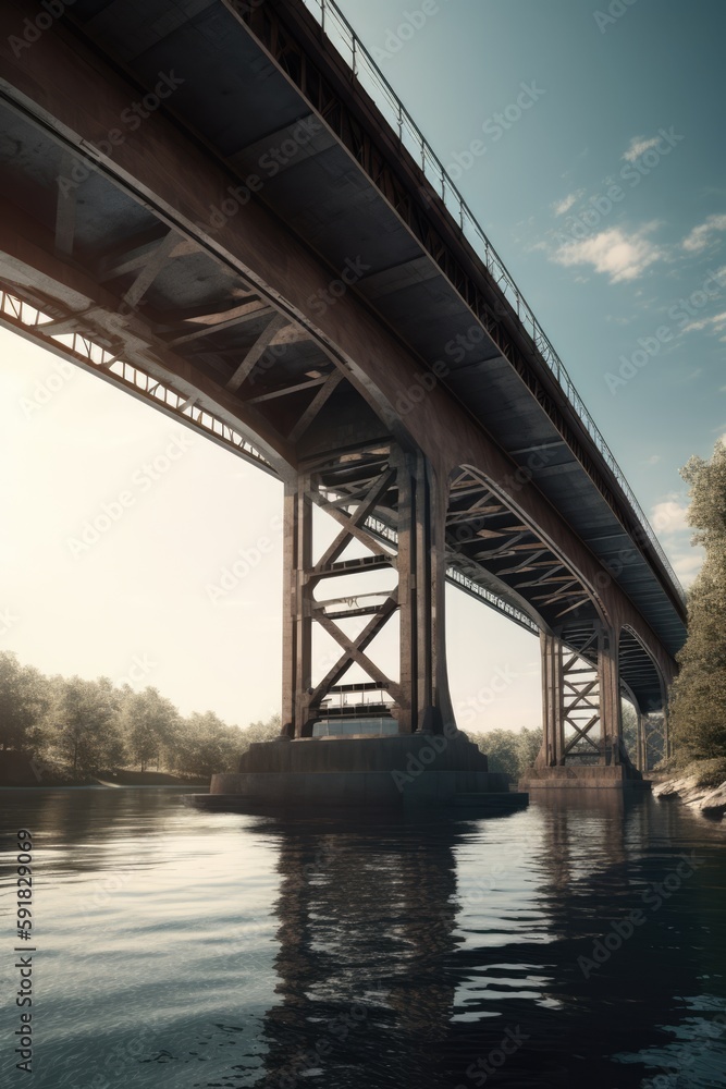 Bridge crossing river in forest over blue sky, created using generative ai technology