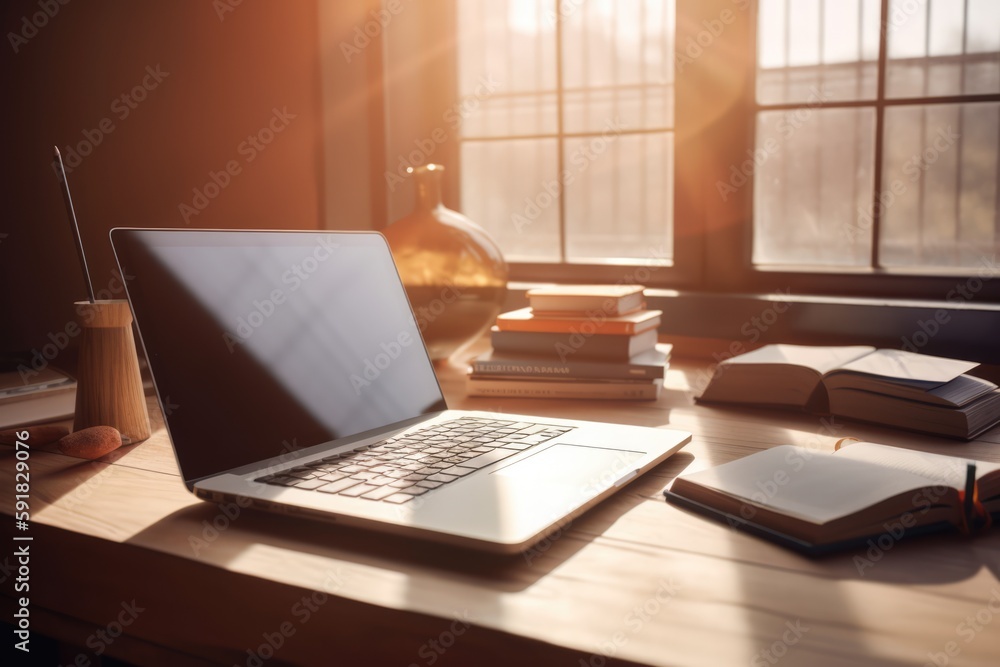 Laptop on table with books in library, created using generative ai technology Laptop on table with books in library, created using generative ai technology