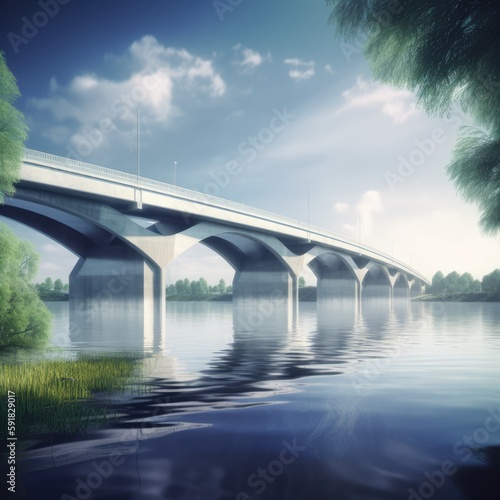 White modern bridge reflecting in river on sunny day, created using generative ai technology © Future Vision