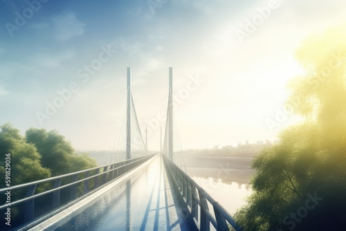 Wet modern bridge and trees on sunny day, created using generative ai technology