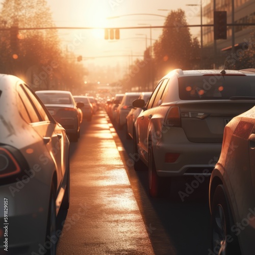 Busy street in sunny city with traffic jam, created using generative ai technology