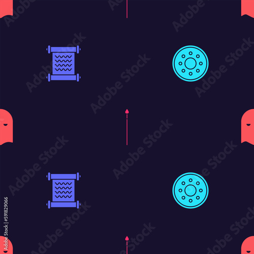 Set Round wooden shield, Decree, parchment, scroll, Medieval spear and Executioner mask on seamless pattern. Vector
