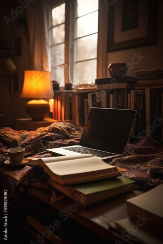 Laptop on table with blanket and books in cosy room, created using generative ai technology