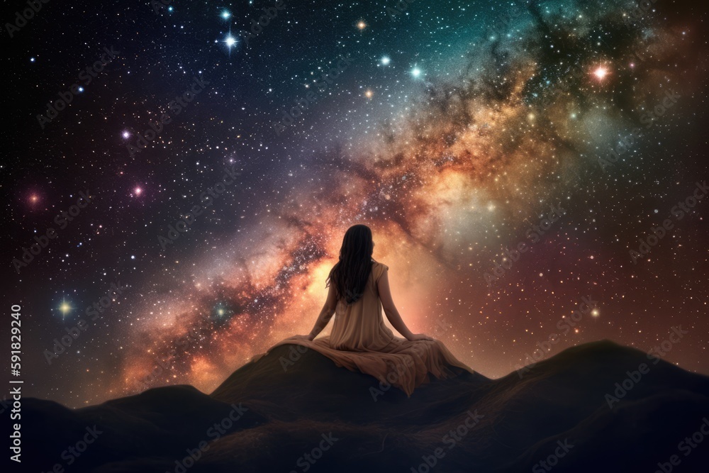 Thoughtful caucasian woman over stars and space, created using generative ai technology Thoughtful caucasian woman over stars and space, created using generative ai technology
