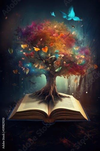 Open book with tree over floating colourful leaves, created using generative ai technology