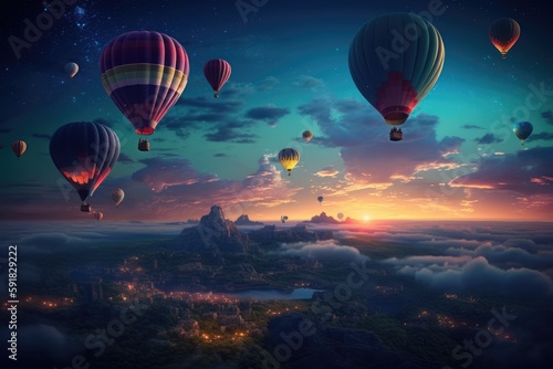 Mountain landscape and sun over floating colourful balloons, created using generative ai technology