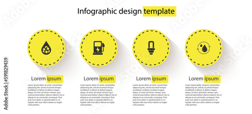Set Recycle clean aqua, Electric car charging station, LED light bulb and . Business infographic template. Vector