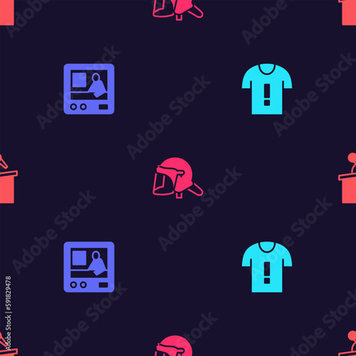 Set T-shirt protest, Television report, Police helmet and Stage stand tribune on seamless pattern. Vector