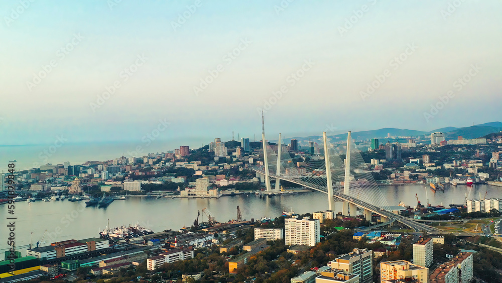 Top view of the Vladivostok cityscape and the Golden Bridge.