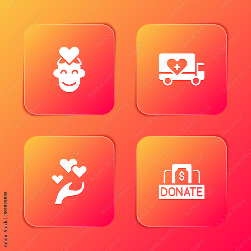 Set Volunteer, Humanitarian truck, Heart in hand and Donation charity icon. Vector Set Volunteer, Humanitarian truck, Heart in hand and Donation charity icon. Vector