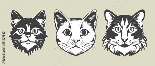 Fototapeta Naklejka Na Ścianę i Meble -  Vector set of cute monochrome cat faces. Feline stickers, icons or badges. Isolated background.