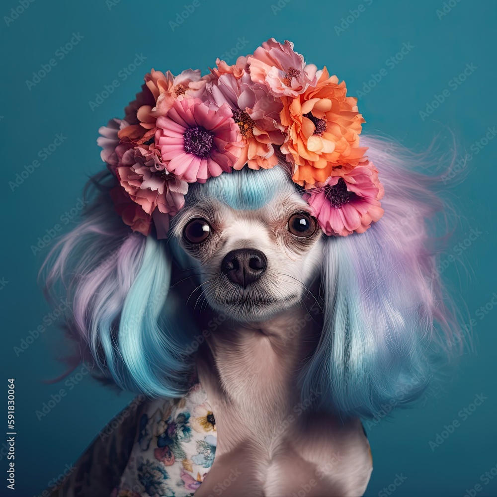 Cool dog with colorful wig and flowers on a colored background. Generative AI Cool dog with colorful wig and flowers on a colored background. Generative AI