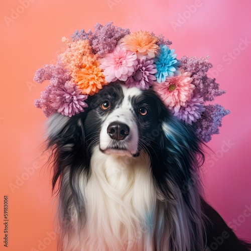 Cool dog with colorful wig and flowers on a colored background. Generative AI © Gelpi