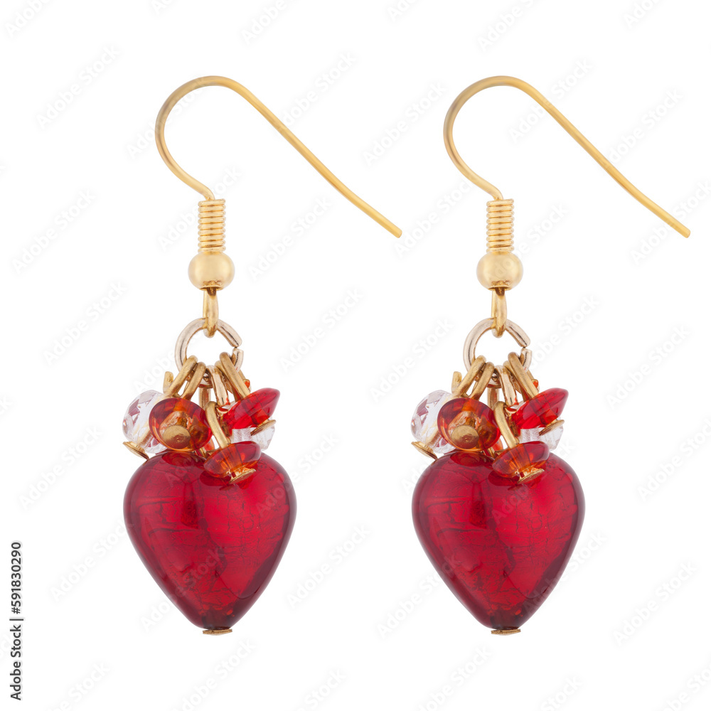 two red murano glass earrings cut from a white background two red murano glass earrings cut from a white background
