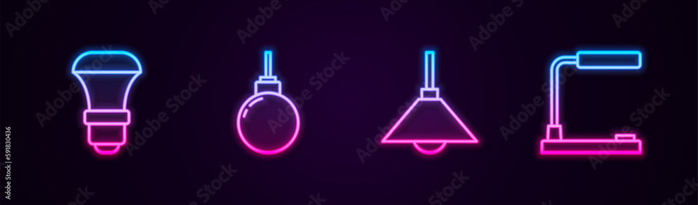 Set line LED light bulb, Lamp hanging, and Table lamp. Glowing neon icon. Vector Set line LED light bulb, Lamp hanging, and Table lamp. Glowing neon icon. Vector