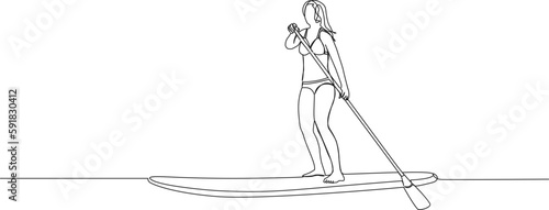 continuous single line drawing of woman standup paddleboarding, line art vector illustration