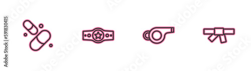 Set line Vitamin pill, Whistle, Boxing belt and Black karate icon. Vector