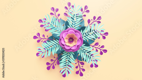 3d render, abstract pastel colorful paper flowers and leaves isolated on light peachy background. Floral kaleidoscope, botanical ornament. Modern wallpaper