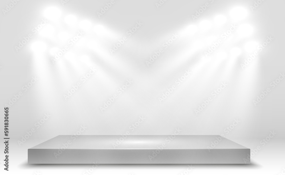 Obraz premium Podium, pedestal or platform, illuminated by spotlights in the background. Vector illustration. Bright light. Light from above. Advertising place 
